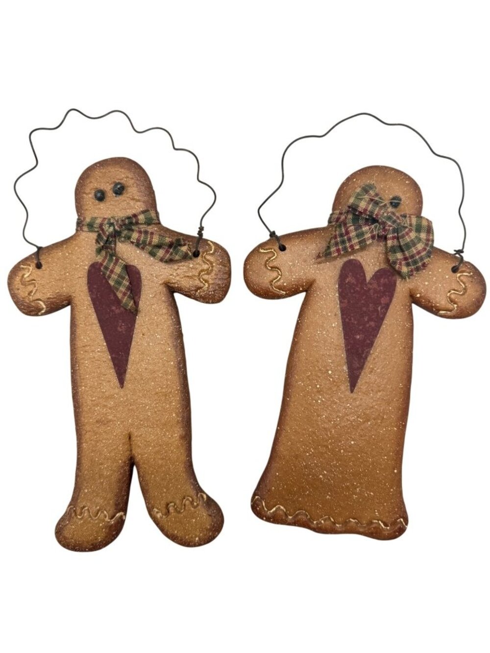 Set Of 2 Gingerbread Man Woman Hanging Ornaments Rustic Look Plaid Scarves READ